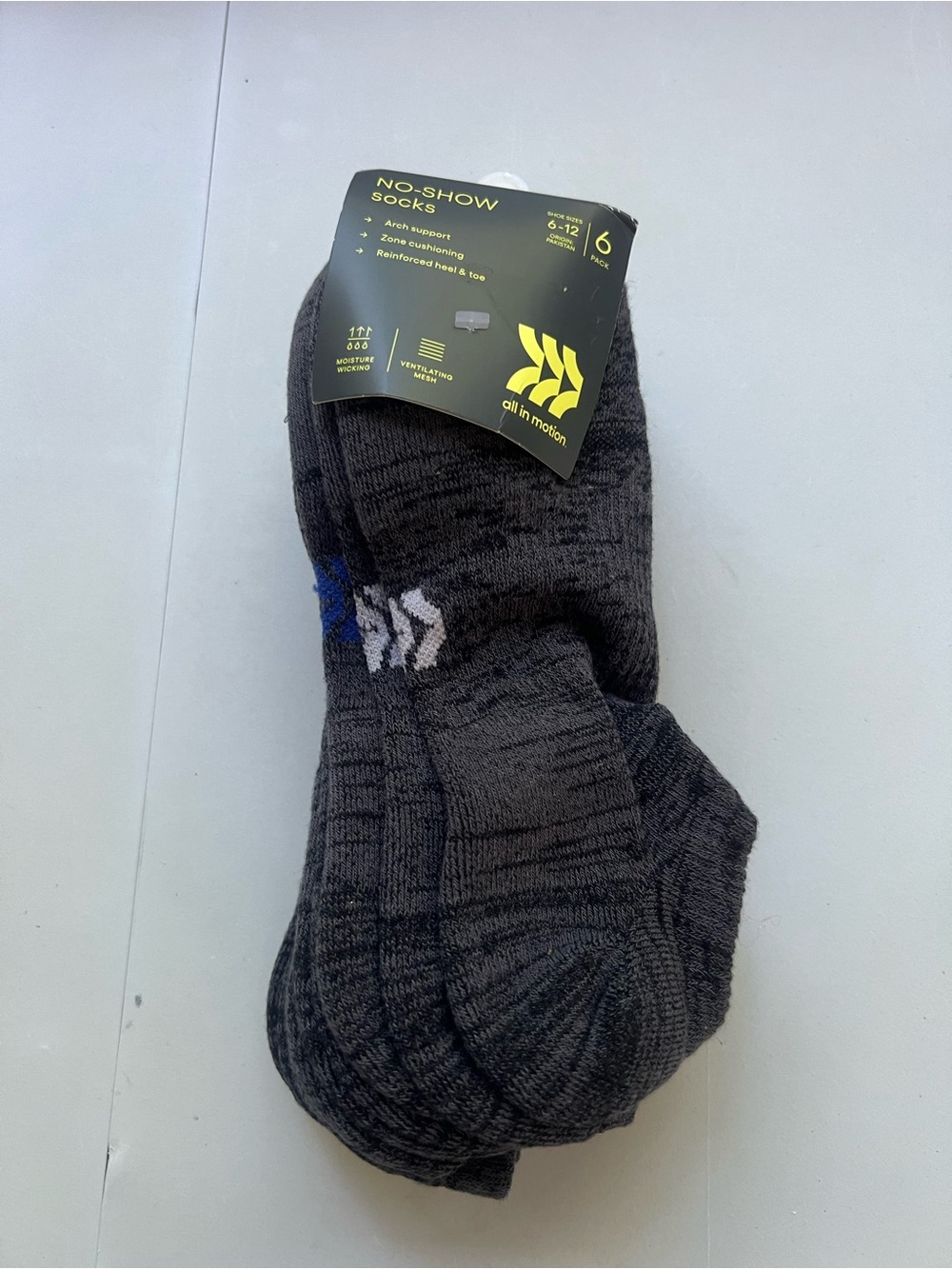 all in motion Men's No-Show Athletic Socks - Dark Gray with Blue Accent (6 Pack)